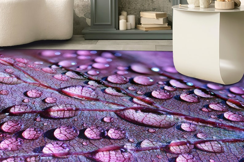 Purple Leaf and Water Drops Rugs, Leaf Rugs, Water Drops Rugs, Botanical Rugs, Office Rug, Car Mat, Kitchen Rug, Entryway Rug, image 3