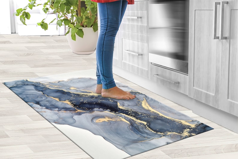 Blauer Marmor Teppich, Moderner Marmor, Blauer und Cremefarbener Marmor Teppich, Alkohol Tinte Teppiche, Esszimmer Teppich, 3D Gedruckter Teppich, Bild 5