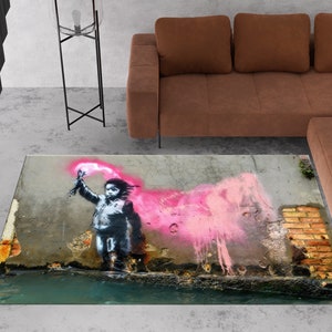 Banksy Migrant Child Rug, Migrant Child Rugs, Banksy Rug, Street Art Rug, Personalized Gifts, Machine Washable Rug, Banksy Pink Smoke Rug,