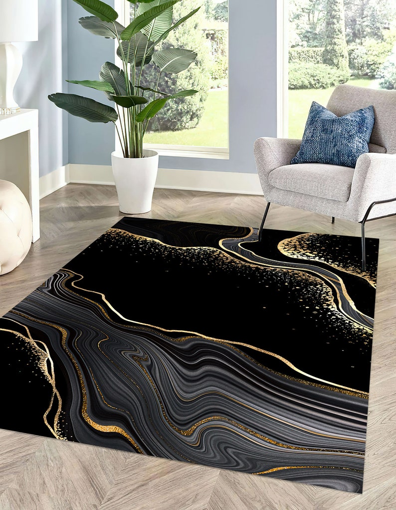 Black and Gold Marble Rug, Gold Marble Rugs, Abstract Marble Rug ...