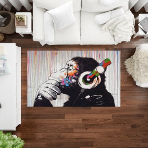 Banksy Thinking Monkey Rugs, Chimp Rugs, Monkey Rug, Street Rugs, Personalized Gifts, Anti-Slip Carpet, Home Decor Rug, Banksy Monkey Rug,
