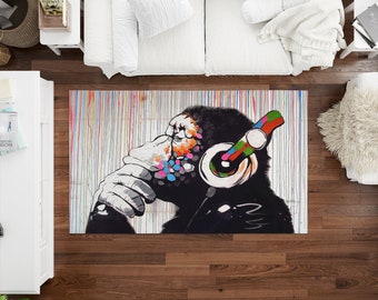 Banksy Thinking Monkey Rugs, Chimp Rugs, Monkey Rug, Street Rugs, Personalized Gifts, Anti-Slip Carpet, Home Decor Rug, Banksy Monkey Rug,