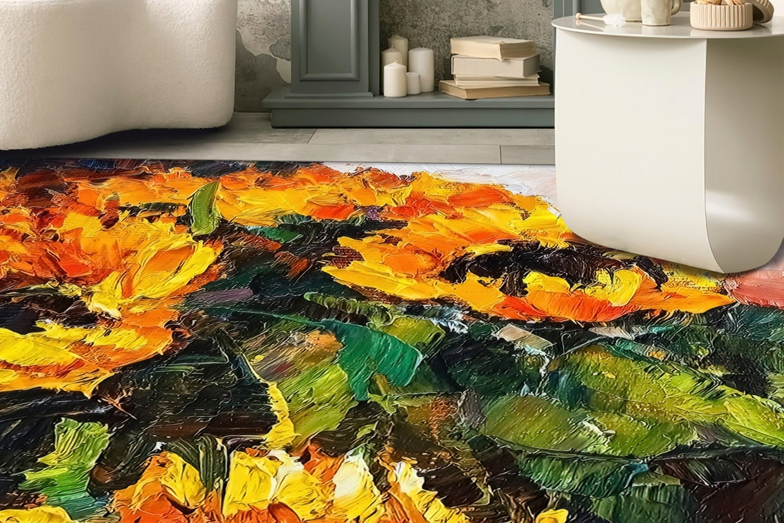 Oil Rug Bouquet of Sunflower Rug, Oil Rug, Contemporary Rug, Botanical Rugs ...