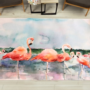 Watercolor Flamingo Painting Rug, Flamingo Rugs, Pink Flamingo Rugs, Animal Rugs, Indoor Rug, Step Rug, Hallway Rug, Custom Rug,