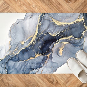 Blauer Marmor Teppich, Moderner Marmor, Blauer und Cremefarbener Marmor Teppich, Alkohol Tinte Teppiche, Esszimmer Teppich, 3D Gedruckter Teppich, Bild 8
