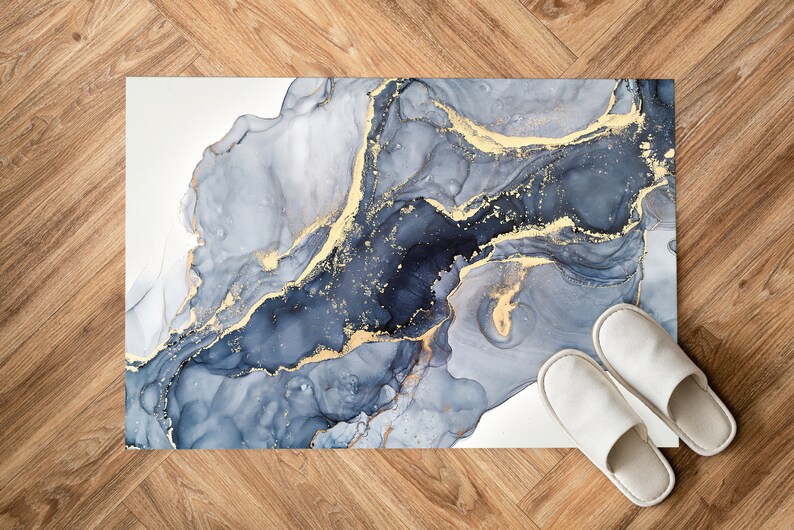 Blauer Marmor Teppich, Moderner Marmor, Blauer und Cremefarbener Marmor Teppich, Alkohol Tinte Teppiche, Esszimmer Teppich, 3D Gedruckter Teppich, Bild 8