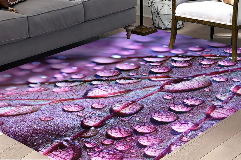 Purple Leaf and Water Drops Rugs, Leaf Rugs, Water Drops Rugs, Botanical Rugs, Office Rug, Car Mat, Kitchen Rug, Entryway Rug, image 2