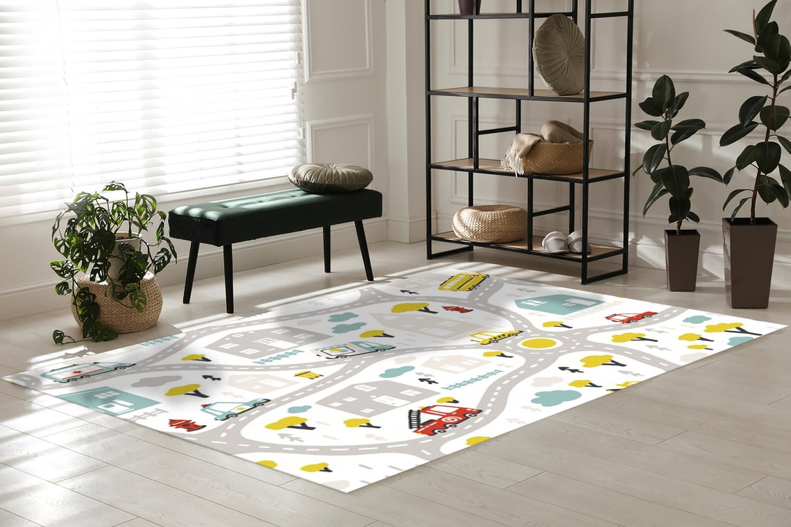 City Child Map Rug Baby City Map With Roads and Transport Rug, Educational Rugs, Baby Map ...