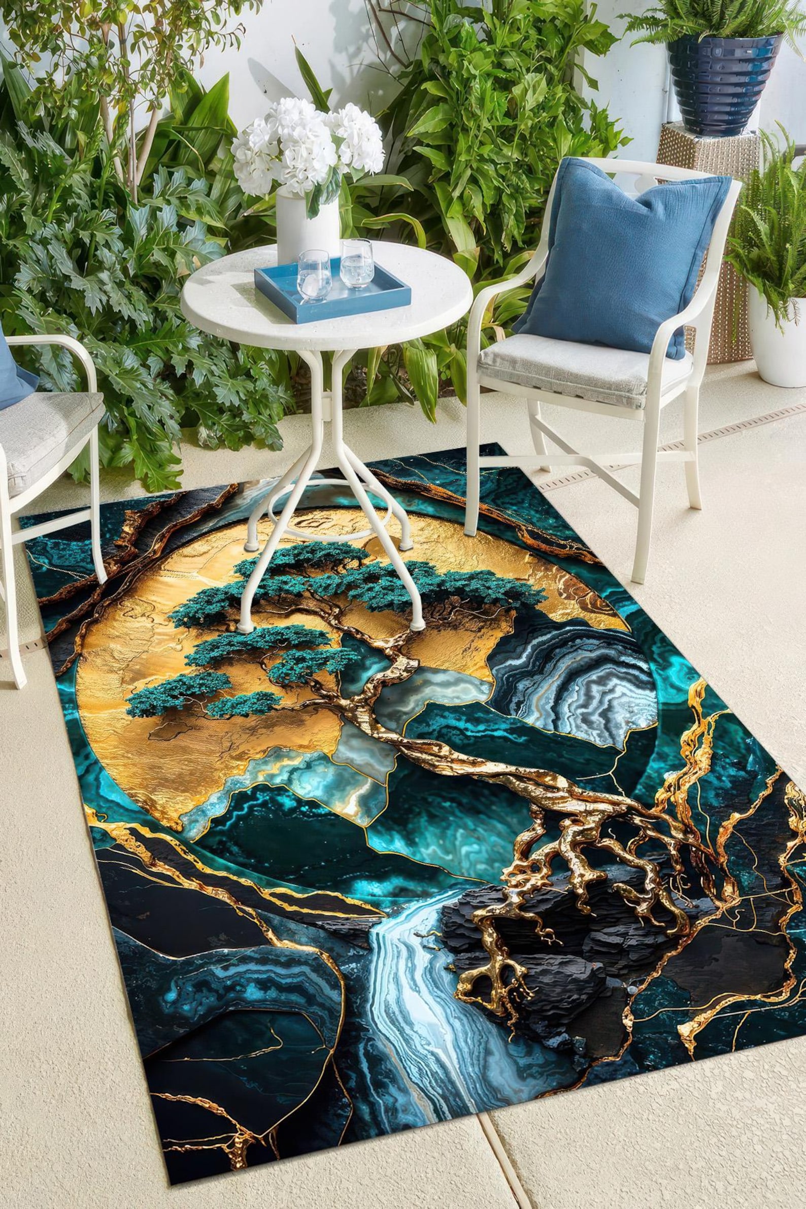 Gold Geode Rug Teal and Gold Geode Rug, Abstract Crystal Pattern, Modern Floor Mat - Etsy