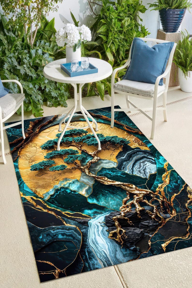 Geode Rug Design Teal and Gold Geode Rug, Abstract Crystal Pattern, Modern Floor Mat - Etsy