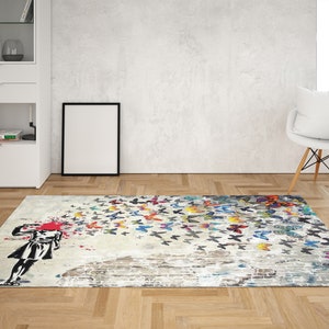 Banksy Butterfly Rug, Banksy Girl Rugs, Butterfly Girl Suicide Rug, Graffiti Rugs, Custom Rug, Chenille Rug, Cool Rug, Pattern Rug,