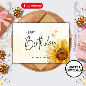 Printable Birthday Card, Instant Downloadable Birthday Card, Sunflower Birthday Card, Birthday Gift, Digital Card, Sunflower, Gift