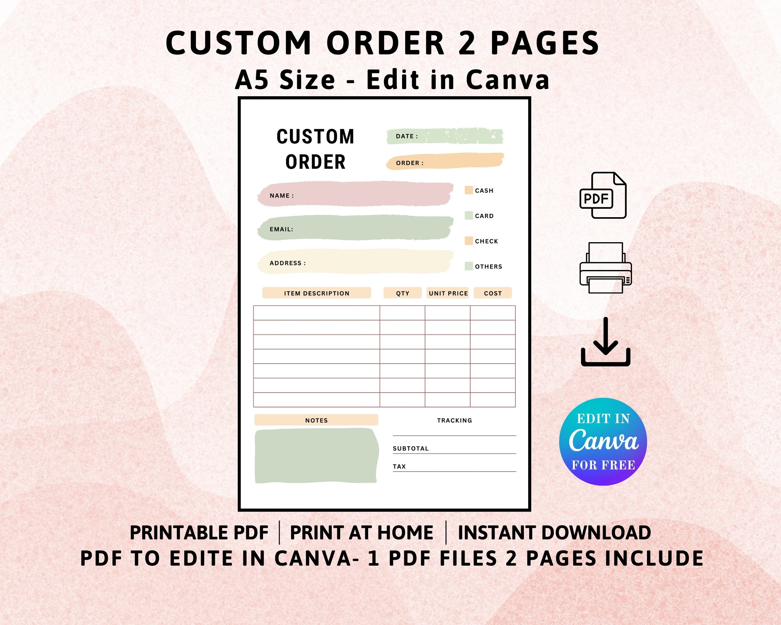 Custom Order Form Template, Printable A5 Size, Editable in Canva (pdf ...