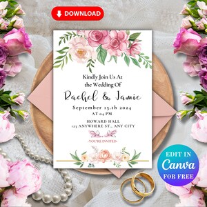 Pink Floral Wedding Invitation Set Template, Personalized Wedding Invitation, Printable Wedding invitation, Wedding Invitation
