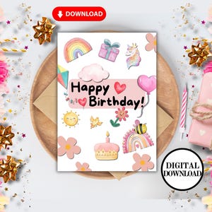 Cartão de aniversário infantil para impressão, cartão de aniversário infantil fofo, cartão de aniversário digital, cartão de aniversário de princesa, presente de aniversário, cartão de aniversário arco-íris