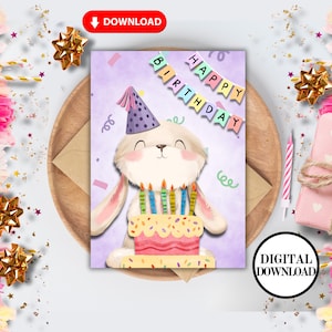 Carte d'anniversaire imprimable avec lapin - voeux de lapin mignon pour enfants - cadeau à téléchargement immédiat - carte d'anniversaire animal - carte numérique pour enfants - cadeaux