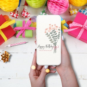 May include: A white card with a pink and green floral design and the text "Happy Birthday! I wish you all the very best." The card is being held by a person's hands.