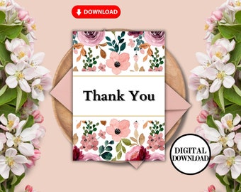 Printable Thank You Card, Downloadable Thank You Card, Flower Thank You Card, Instant Download, Thank You Card, Print at Home Card