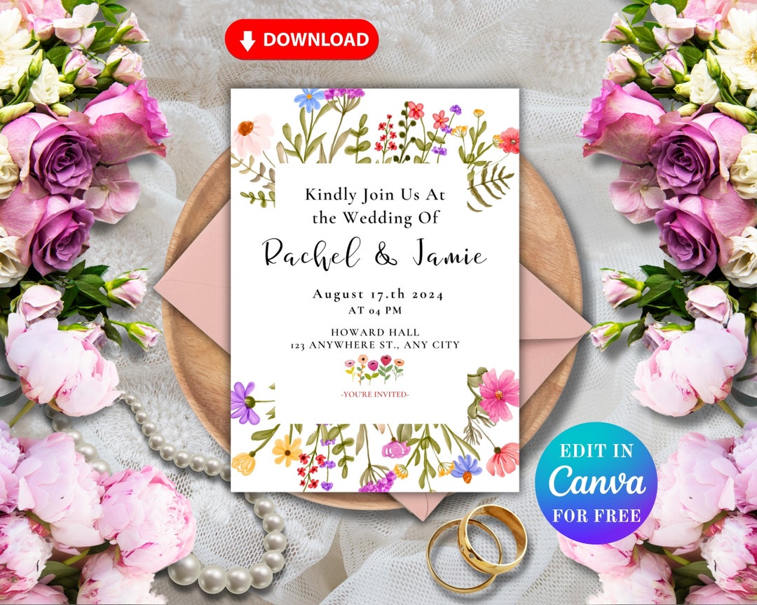 Floral Spring Wedding Invitation Template: Printable Canva Suite ...