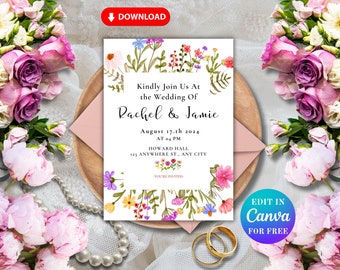 Floral Spring Wedding Invitation Template,Floral Wedding Invitation,Printable Wedding invitation, Editable Canva Wedding Invitation Template