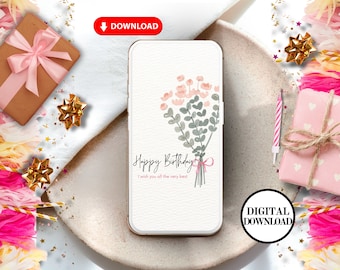 May include: A digital download of a birthday card featuring a pink and green floral bouquet with the text "Happy Birthday! I wish you all the very best."