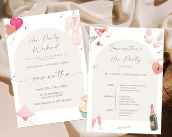 Girly Hen Party Weekend Itinerary, Personalised Hen Party Itinerary,  Hen Do Itinerary, Bachelorette Party Itinerary, Canva Travel Itinerary