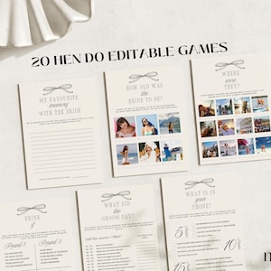May include: A set of 20 printable hen party games with black and white text and illustrations. The games include "My Favorite Memory with the Bride", "How Old Was the Bride to Be?", "Where Were They?", "Drink If", "What Did the Groom Say?", and "What is in Your Phone?"