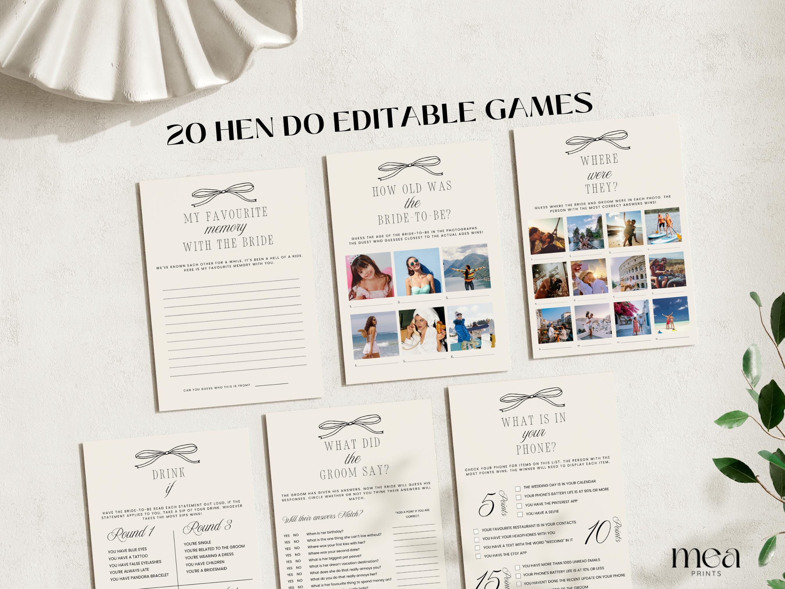 Modern Hen Party Games | 20 Editable Canva Templates | Printable Hen Do Games UK | Bridal Shower Games | Mr & Mrs Quiz | Fun Pack | Bow