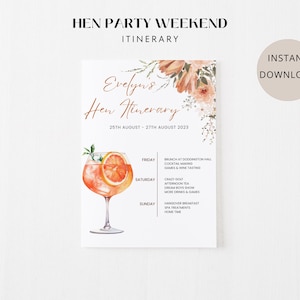 Aperol Spritz Hen Do Itinerary, Hen Party Itinerary, Hen Do Template, Hen Party Invite, Hen Weekend Itinerary, Hen Itinerary Template, Canva