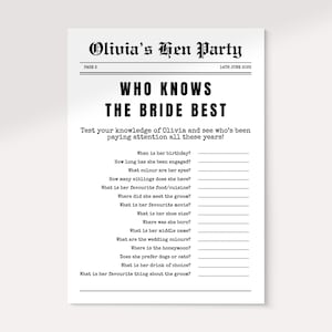 May include: A black and white printable game sheet for a bachelorette party. The headline reads "Who Knows The Bride Best" with fill-in-the-blank questions about the bride. The game sheet is designed to test the guests' knowledge.