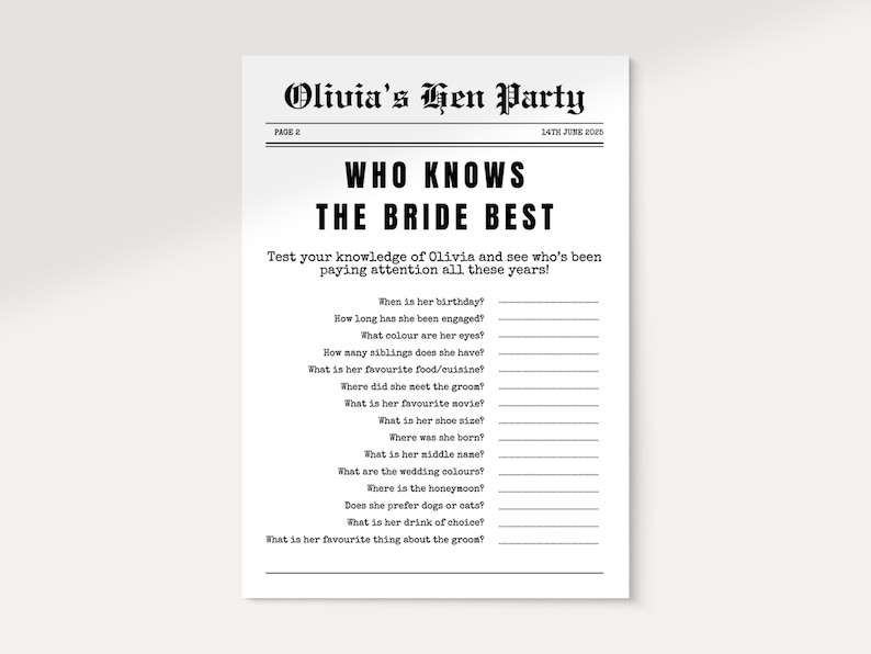 May include: A black and white printable game sheet for a bachelorette party. The headline reads "Who Knows The Bride Best" with fill-in-the-blank questions about the bride. The game sheet is designed to test the guests' knowledge.
