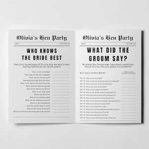 May include: A two-page spread of a party game for a bachelorette party. The left page reads "Who Knows the Bride Best" and the right page reads "What Did the Groom Say?" Both pages have a list of questions.