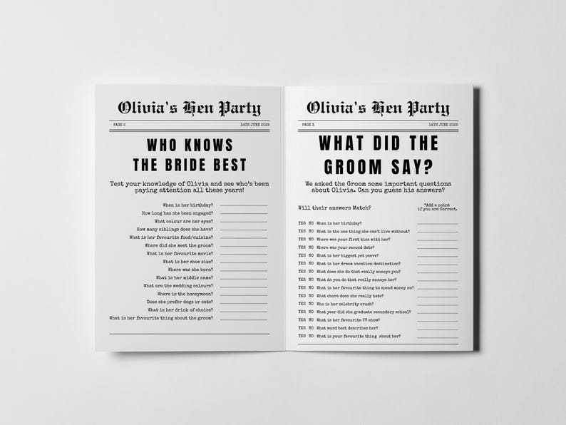 May include: A two-page spread of a party game for a bachelorette party. The left page reads "Who Knows the Bride Best" and the right page reads "What Did the Groom Say?" Both pages have a list of questions.
