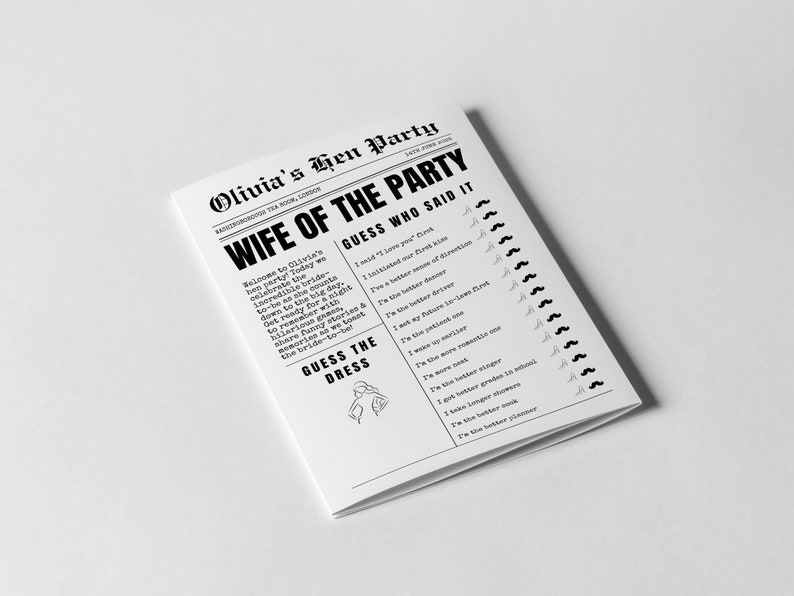 May include: A black and white printed party game titled "Wife of the Party" for a bachelorette celebration. The game includes prompts like "Guess Who Said It" and "Guess the Dress."