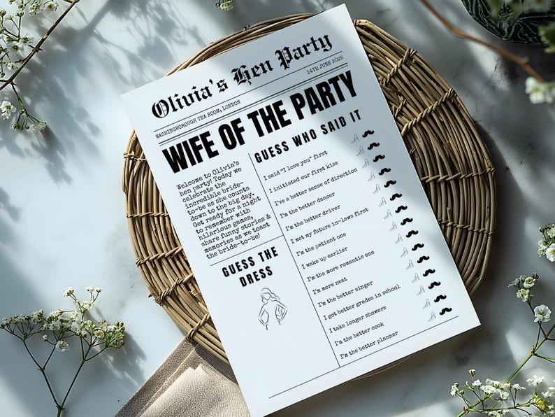 May include: A black and white printed game sheet for a bachelorette party, titled "Wife of the Party." The sheet includes a "Guess Who Said It" game with various statements and a "Guess the Dress" section. The sheet is on a woven basket.