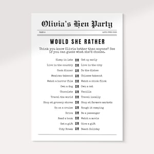 May include: A black and white newspaper-style game sheet for a hen party. The headline reads "Olivia's Hen Party" and "Would She Rather?" with a list of choices like "Sleep in late OR Get up early".