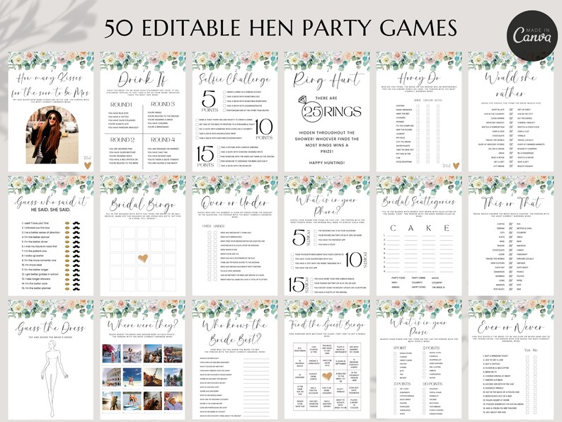 Eucalyptus Hen Do Games Printable Hen Party Games Editable Bridal ...