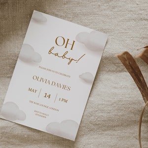 May include: A white baby shower invitation with a brown text overlay. The text reads "OH baby!" and includes the details of the event: Olivia Davies, May 14, 1 PM, The Rose Lounge, London. RSVP to Molly, 07712345678.