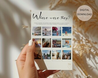 May include: A printable game card with the text "Where were they?" and 16 photos of a couple in different locations. The text below the photos says "Guess where the bride and groom were in each photo. The person with the most correct answers wins!" and "Digital Download".