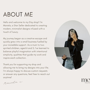 May include: Cream-colored graphic with the text "ABOUT ME" and shop details. A person is holding a laptop and phone. The shop is dedicated to modern, minimalist designs.
