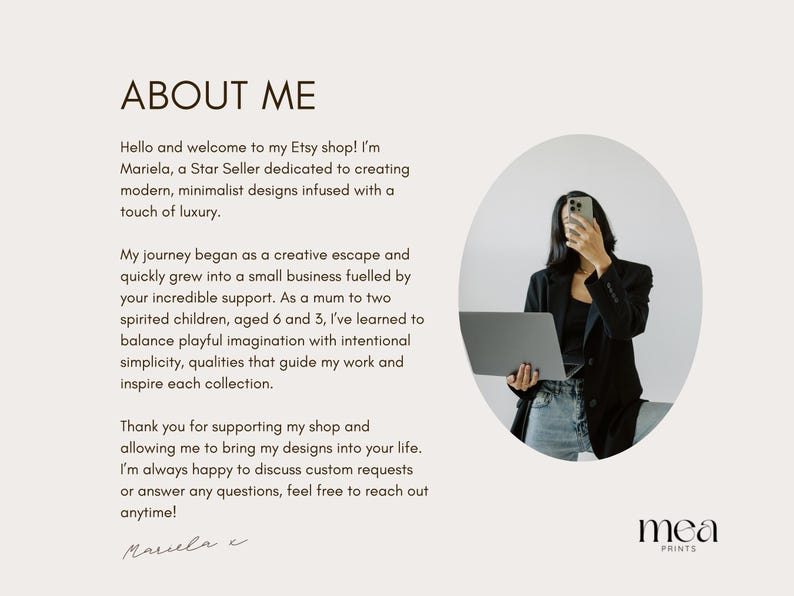 May include: Cream-colored graphic with the text "ABOUT ME" and shop details. A person is holding a laptop and phone. The shop is dedicated to modern, minimalist designs.