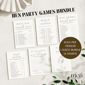 Minimalist Hen Do Games |  Hen Party Games | Bridal Shower Games | Bachelorette Games | Mr and Mrs Quiz | Pack of 6 Hen Party Games