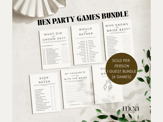 Minimalist Hen Do Games | Hen Party Games | Bridal Shower Games | Bachelorette Games | Mr and Mrs Quiz | Pack of 6 Printed Hen Party Games
