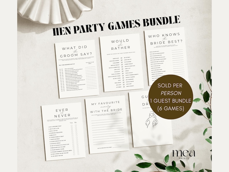 Minimalist Design Hen Do Games Bundle | 6 Printed Hen Party Games (Per Person) image 1