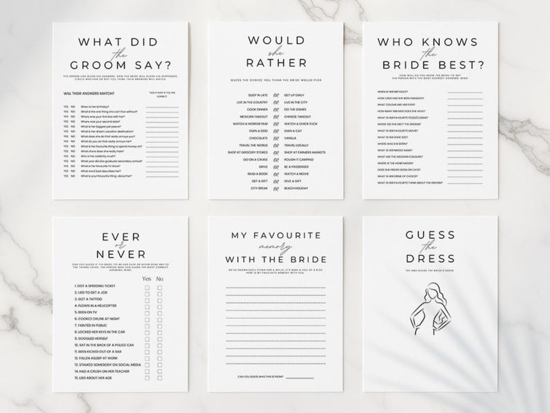 May include: Six white cards with black text for a bridal shower game. The cards include "What Did the Groom Say?", "Would She Rather", "Who Knows the Bride Best?", "Ever or Never", "My Favourite Memory with the Bride", and "Guess the Dress".