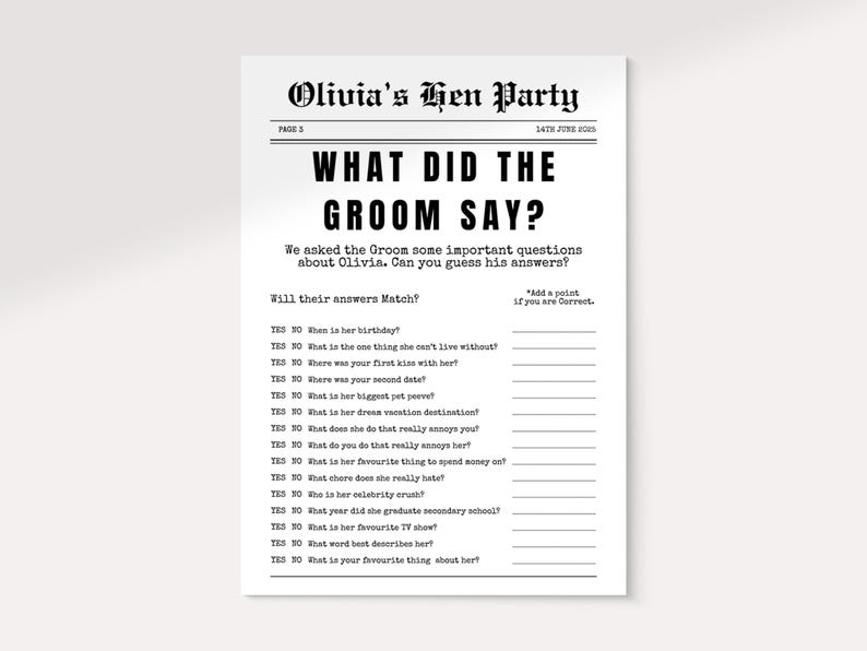 May include: A black and white newspaper-style game sheet titled "Olivia's Hen Party." The headline reads "What Did The Groom Say?" with questions about Olivia. The sheet includes fill-in-the-blank lines for answers.