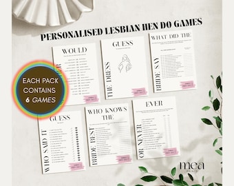 Jeux de poule lesbiens personnalisés Royaume-Uni | Jeux d'enterrement de vie de jeune fille et de jeune fille mariés | Jeux de douche nuptiale pour personnes de même sexe | Amusement LGBTQ+ pour un enterrement de vie de jeune fille | Lot de 6 jeux