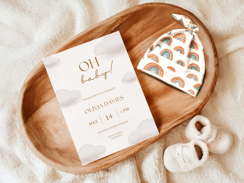 Oh Baby Modern Neutral Cloud Baby Shower Invitations | Gender Reveal Party | Baby Shower Invite | Personalised Invites image 2
