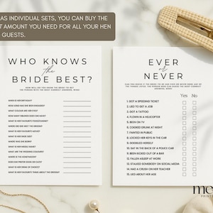 May include: Two white paper game sheets for a bridal shower. One sheet asks "Who Knows the Bride Best?" and the other asks "Ever or Never?" A gold hair clip and a gold necklace are also in the image.