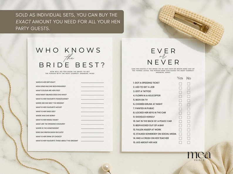 May include: Two white paper game sheets for a bridal shower. One sheet asks "Who Knows the Bride Best?" and the other asks "Ever or Never?" A gold hair clip and a gold necklace are also in the image.